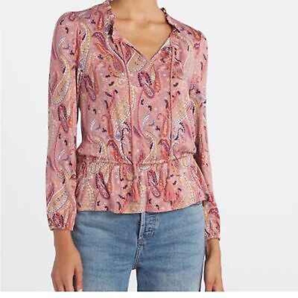 Les Serein Locarno Peplum Knit Long Sleeve Top Paisley Boho Blouse NWT XL